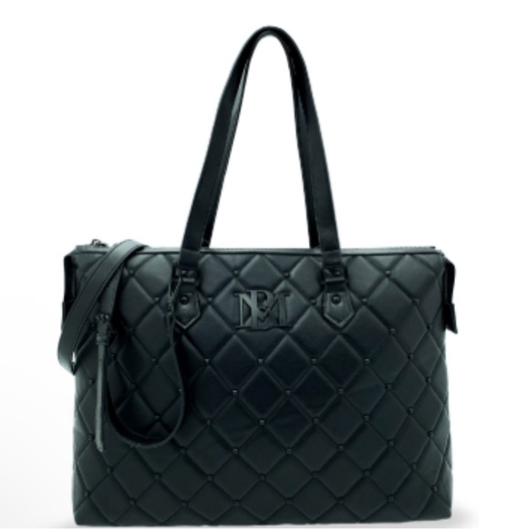 NWT Badgley Mischka Vegan Leather Elegant Black Quilted Tote Bag - Picture 2 of 10